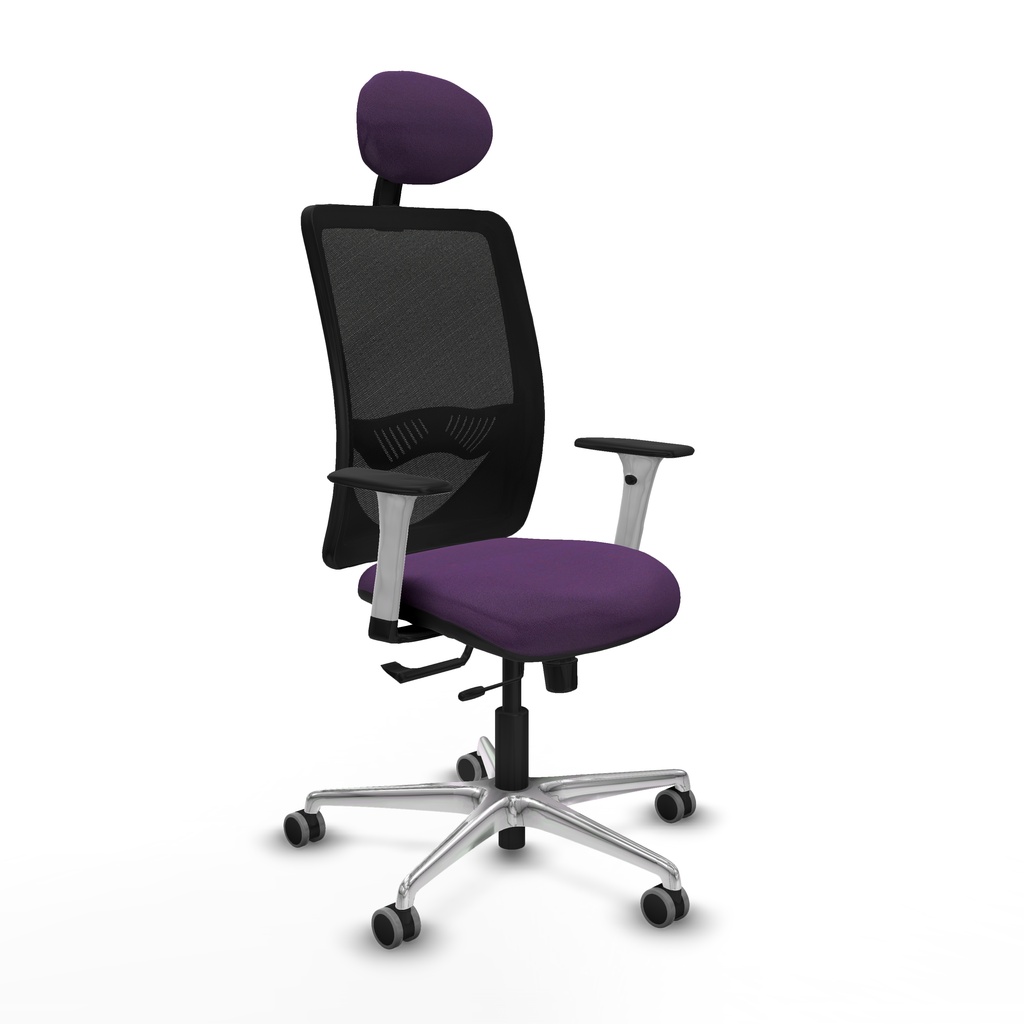 Zulema traslack malla negra bali morado brazos blancos base aluminio cabecero fijo ruedas 65mm engomadas