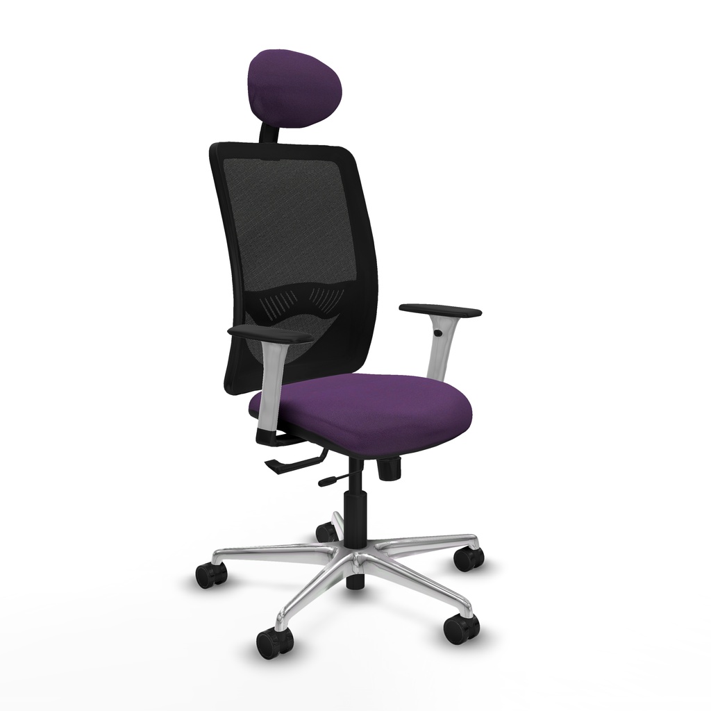 Zulema traslack malla negra bali morado brazos blancos base aluminio cabecero fijo ruedas 65mm nailon