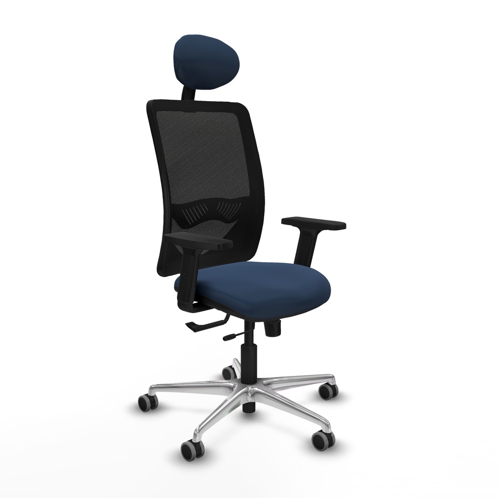 Zulema traslack malla negra similpiel azul marino brazos 2D base aluminio cabecero fijo ruedas 65mm engomadas