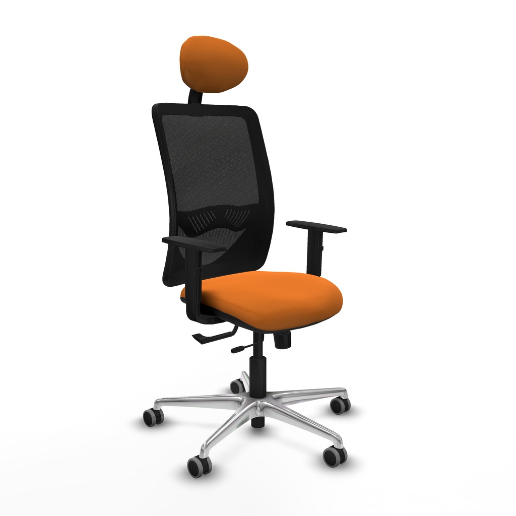 Zulema traslack malla negra similpiel naranja brazos 1D base aluminio cabecero fijo ruedas 65mm engomadas