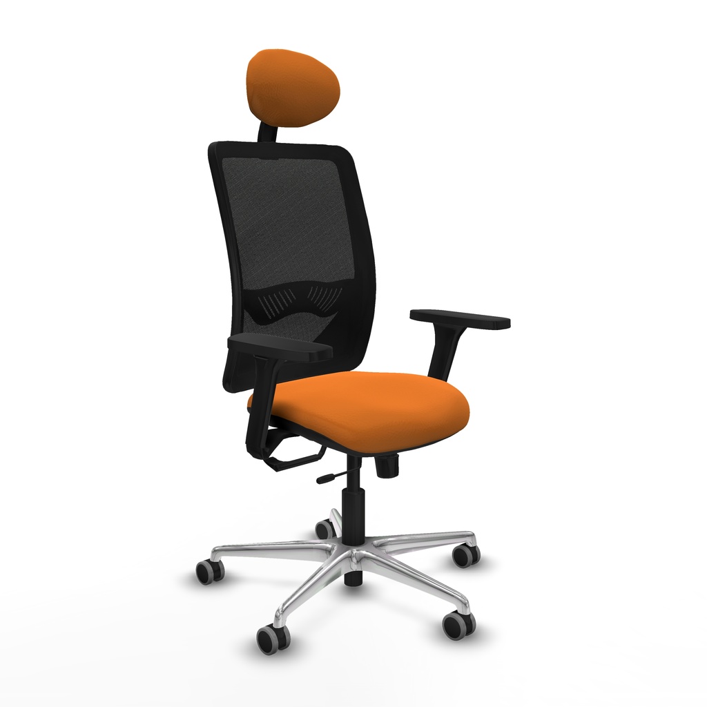 Zulema traslack malla negra similpiel naranja brazos 3D base aluminio cabecero fijo ruedas 65mm engomadas