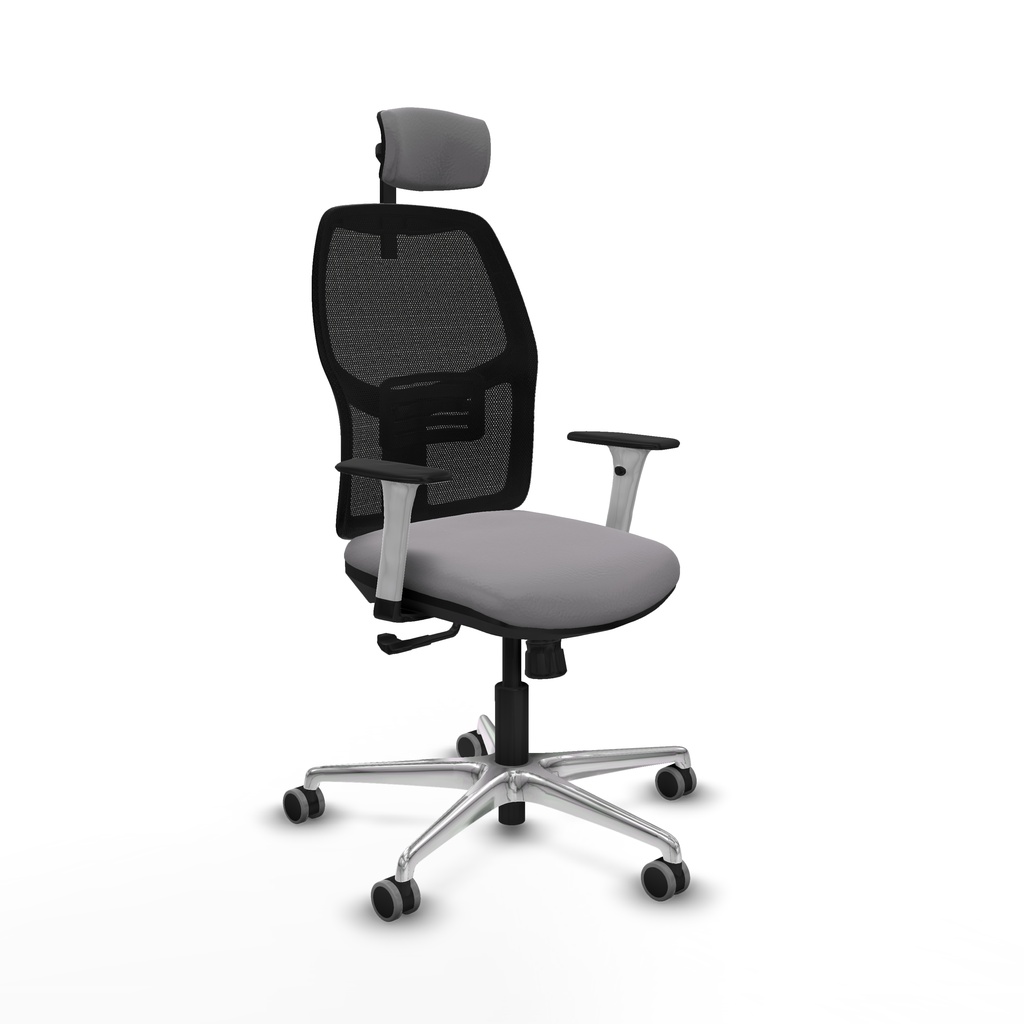 Alfera sincro malla negra similpiel gris brazos blancos base aluminio cabecero 2D ruedas 65mm engomadas