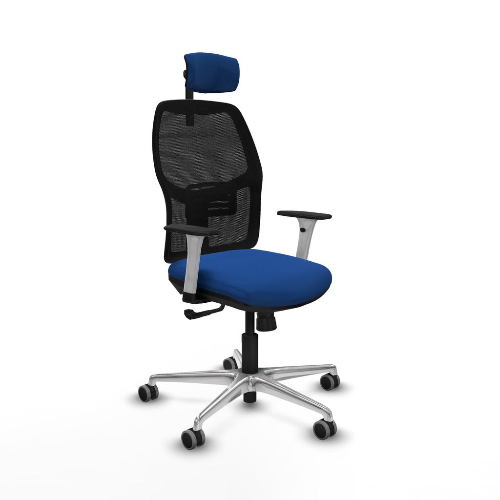 Alfera sincro malla negra similpiel azul brazos blancos base aluminio cabecero 2D ruedas 65mm engomadas