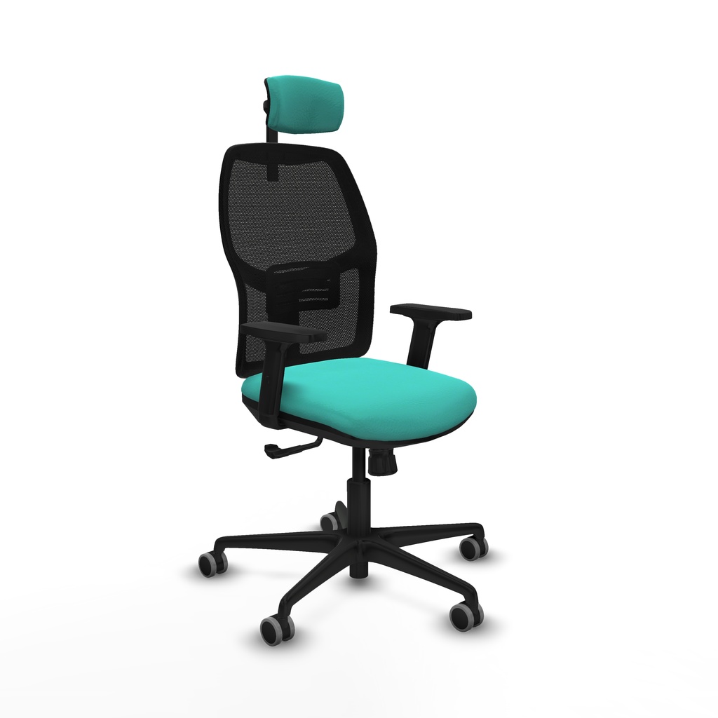 Alfera sincro malla negra similpiel turquesa brazos 2D base nailon cabecero 2D ruedas 65mm engomadas