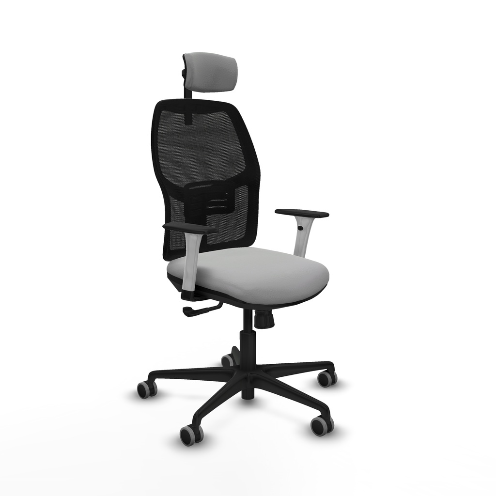 Alfera sincro malla negra similpiel gris claro brazos blancos base nailon cabecero 2D ruedas 65mm engomadas
