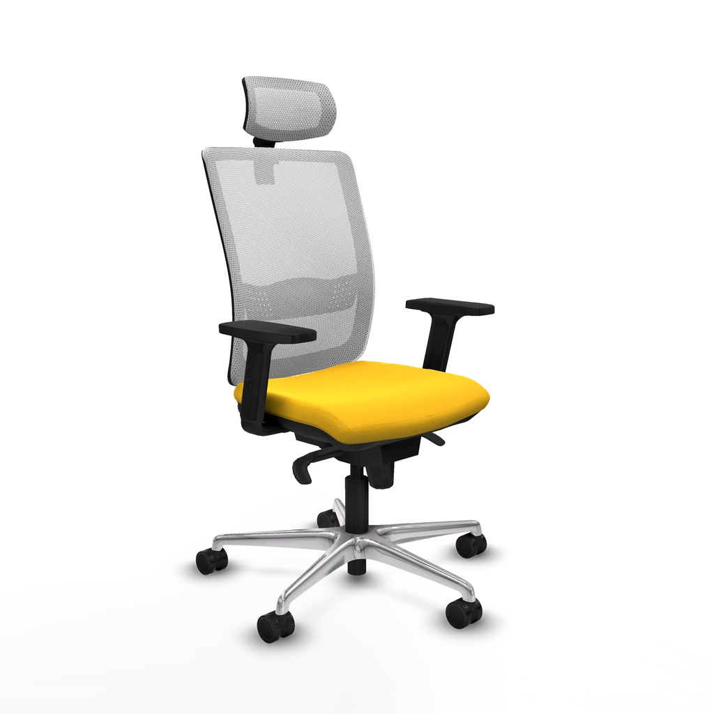 Haches sincro malla blanca similpiel amarillo brazos 2D base aluminio cabecero malla 2D ruedas 65mm nailon