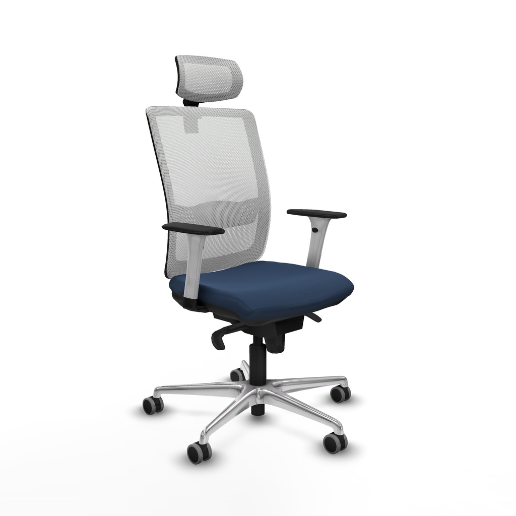 Haches sincro malla blanca similpiel azul marino brazos blancos base aluminio cabecero malla 2D ruedas 65mm engomadas