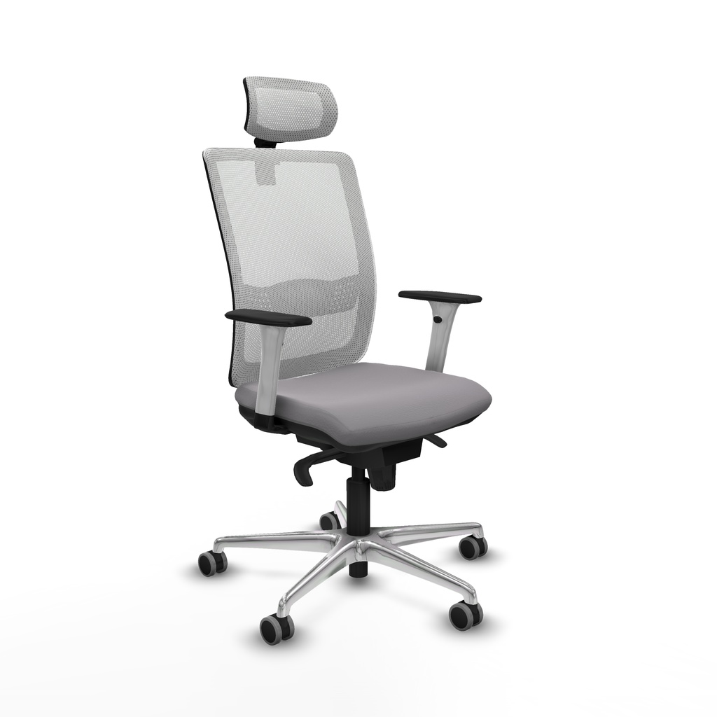 Haches sincro malla blanca similpiel gris brazos blancos base aluminio cabecero malla 2D ruedas 65mm engomadas