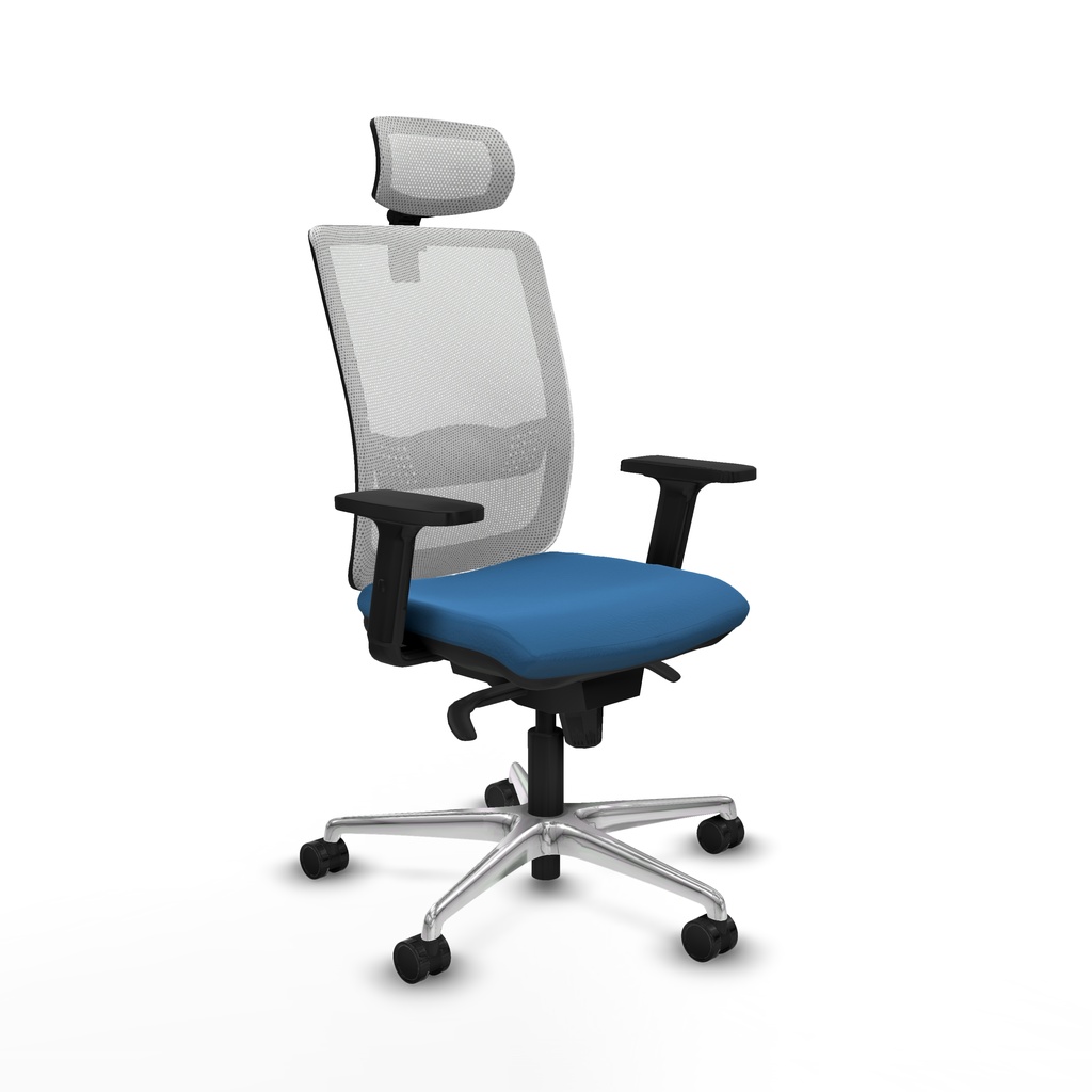 Haches sincro malla blanca similpiel azul claro brazos 2D base aluminio cabecero malla 2D ruedas 65mm nailon
