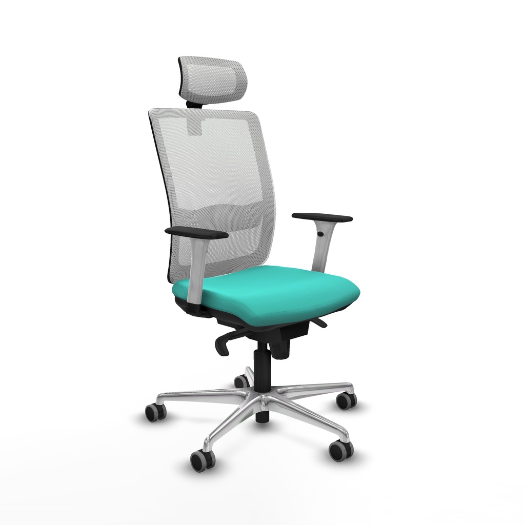Haches sincro malla blanca similpiel turquesa brazos blancos base aluminio cabecero malla 2D ruedas 65mm engomadas