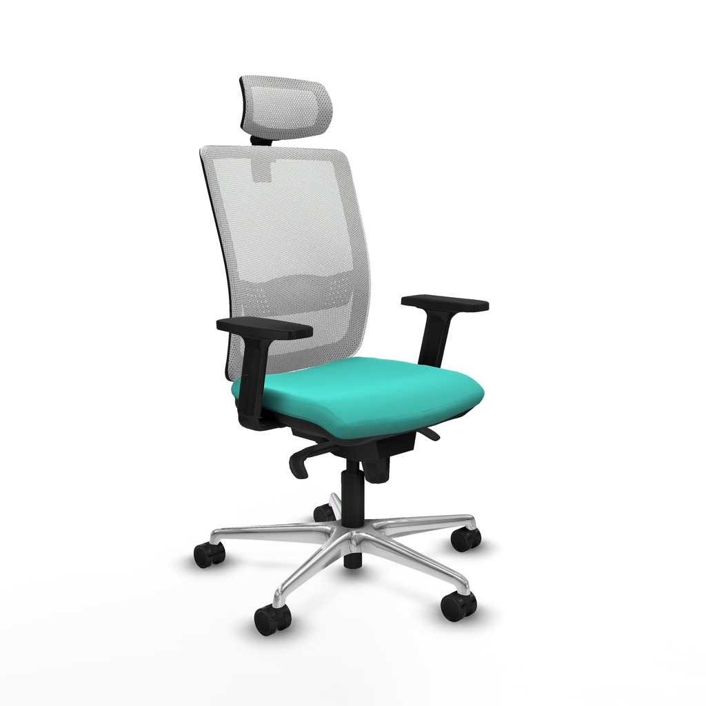 Haches sincro malla blanca similpiel turquesa brazos 2D base aluminio cabecero malla 2D ruedas 65mm nailon