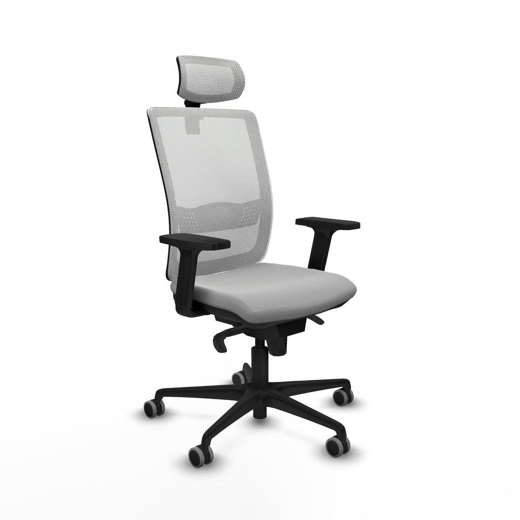 Haches sincro malla blanca similpiel gris claro brazos 2D base nailon cabecero malla 2D ruedas 65mm engomadas