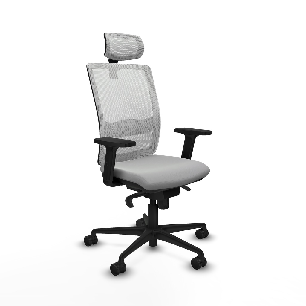 Haches sincro malla blanca similpiel gris claro brazos 2D base nailon cabecero malla 2D ruedas 65mm nailon