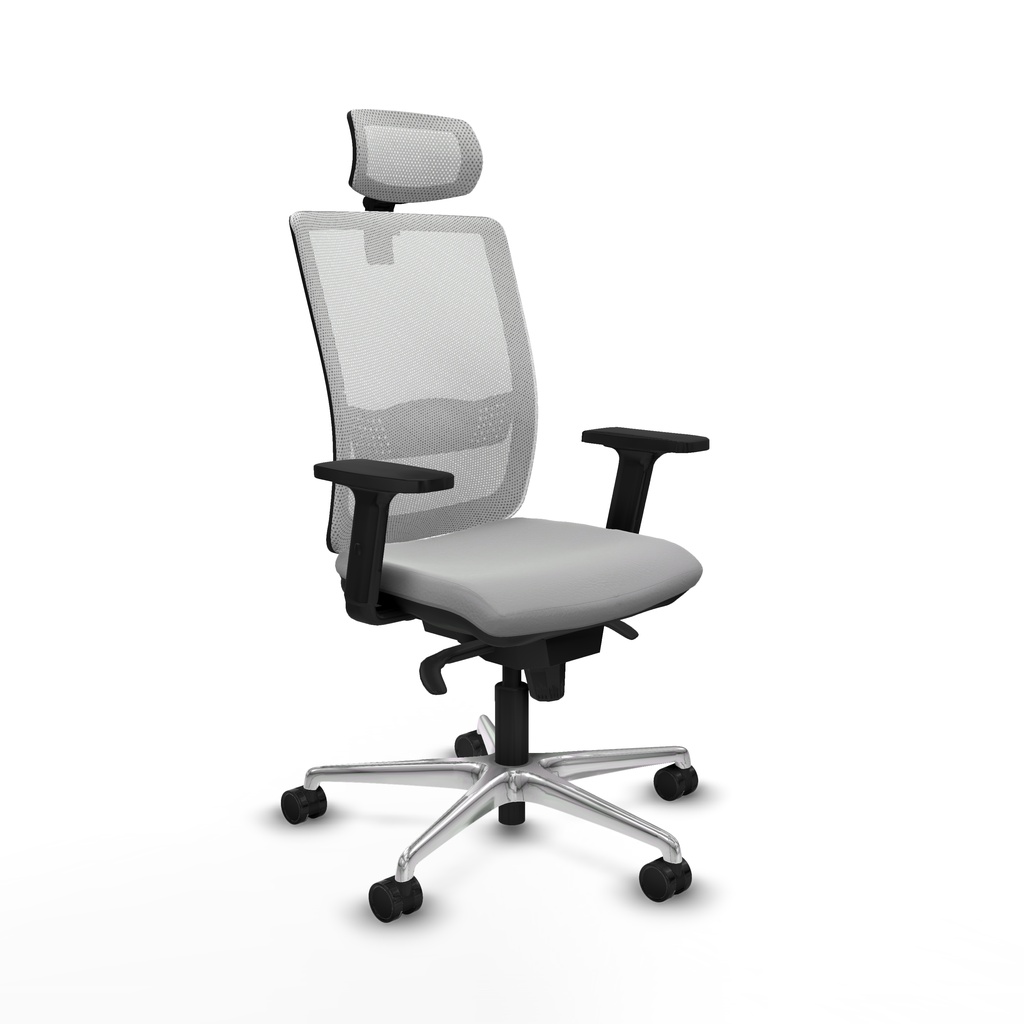 Haches sincro malla blanca similpiel gris claro brazos 2D base aluminio cabecero malla 2D ruedas 65mm nailon