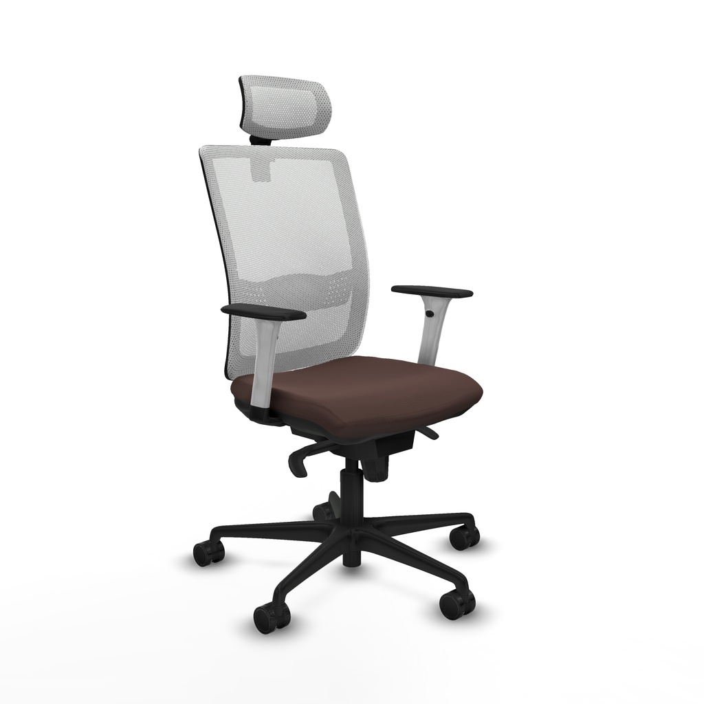 Haches sincro malla blanca similpiel marrón oscuro brazos blancos base nailon cabecero malla 2D ruedas 65mm nailon