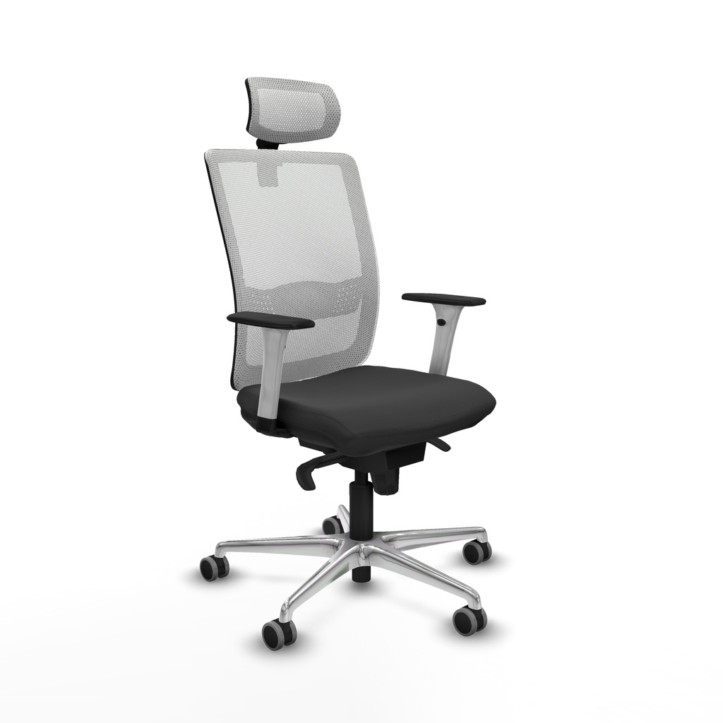 Haches sincro malla blanca similpiel gris oscuro brazos blancos base aluminio cabecero malla 2D ruedas 65mm engomadas
