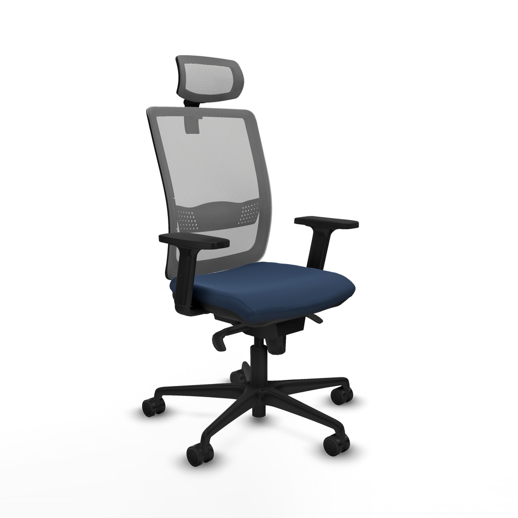 Haches sincro malla gris similpiel azul marino brazos 2D base nailon cabecero malla 2D ruedas 65mm nailon