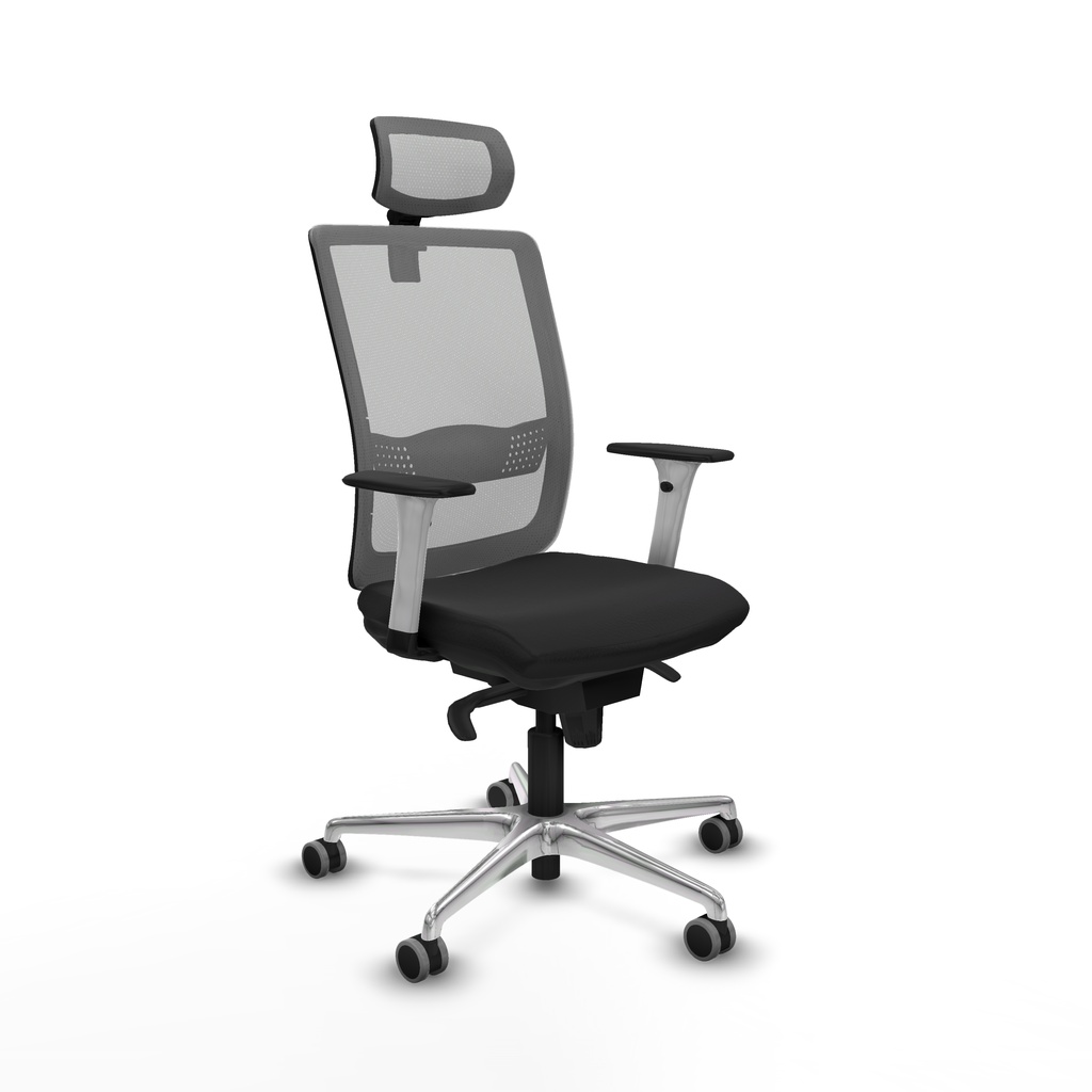 Haches sincro malla gris similpiel negro brazos blancos base aluminio cabecero malla 2D ruedas 65mm engomadas