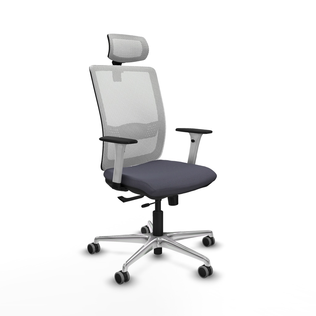 Haches traslack malla blanca bali gris oscuro brazos blancos base aluminio cabecero malla 2D ruedas 65mm engomadas