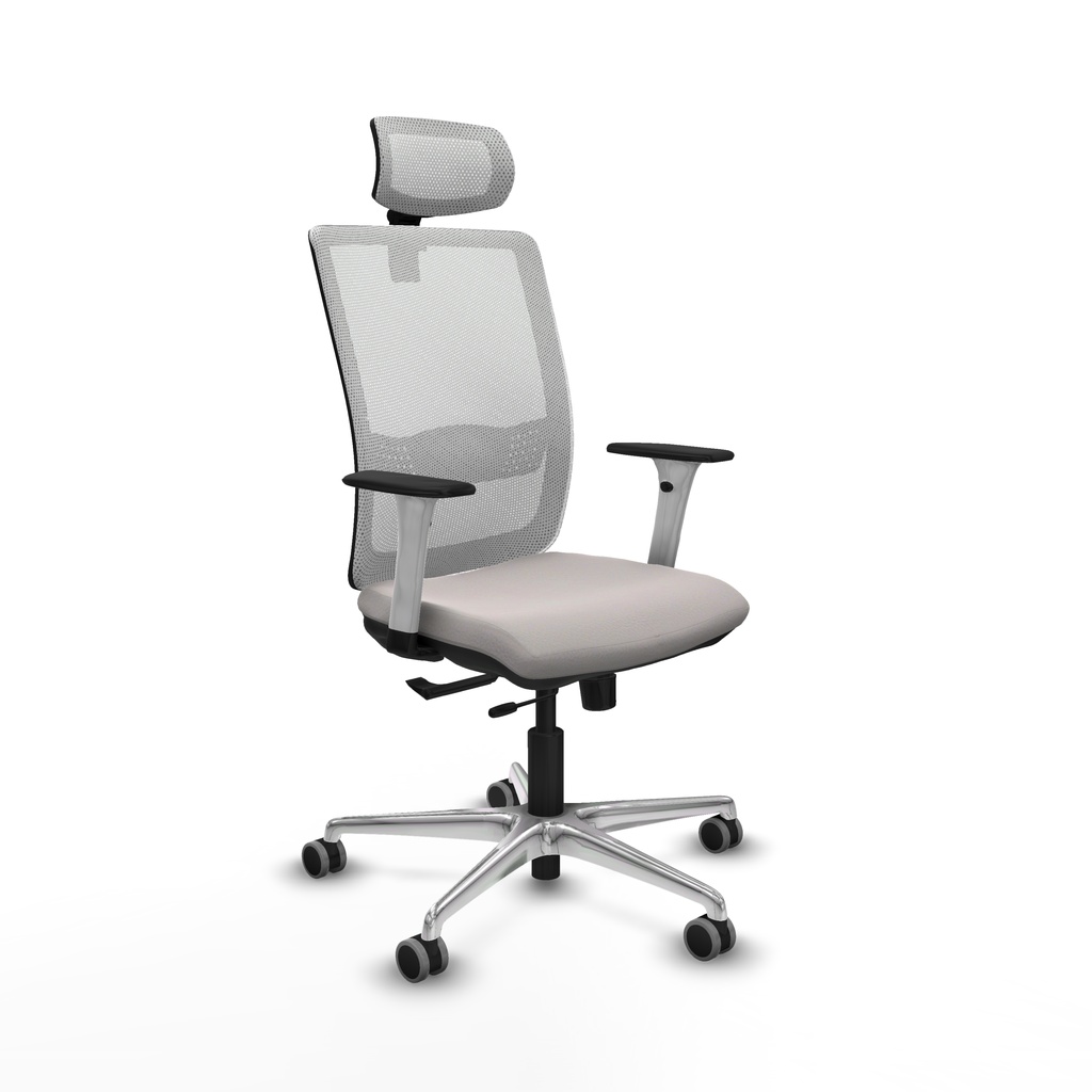 Haches traslack malla blanca similpiel blanco brazos blancos base aluminio cabecero malla 2D ruedas 65mm engomadas