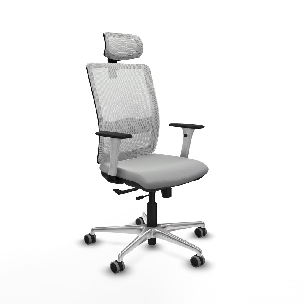 Haches traslack malla blanca similpiel gris claro brazos blancos base aluminio cabecero malla 2D ruedas 65mm engomadas