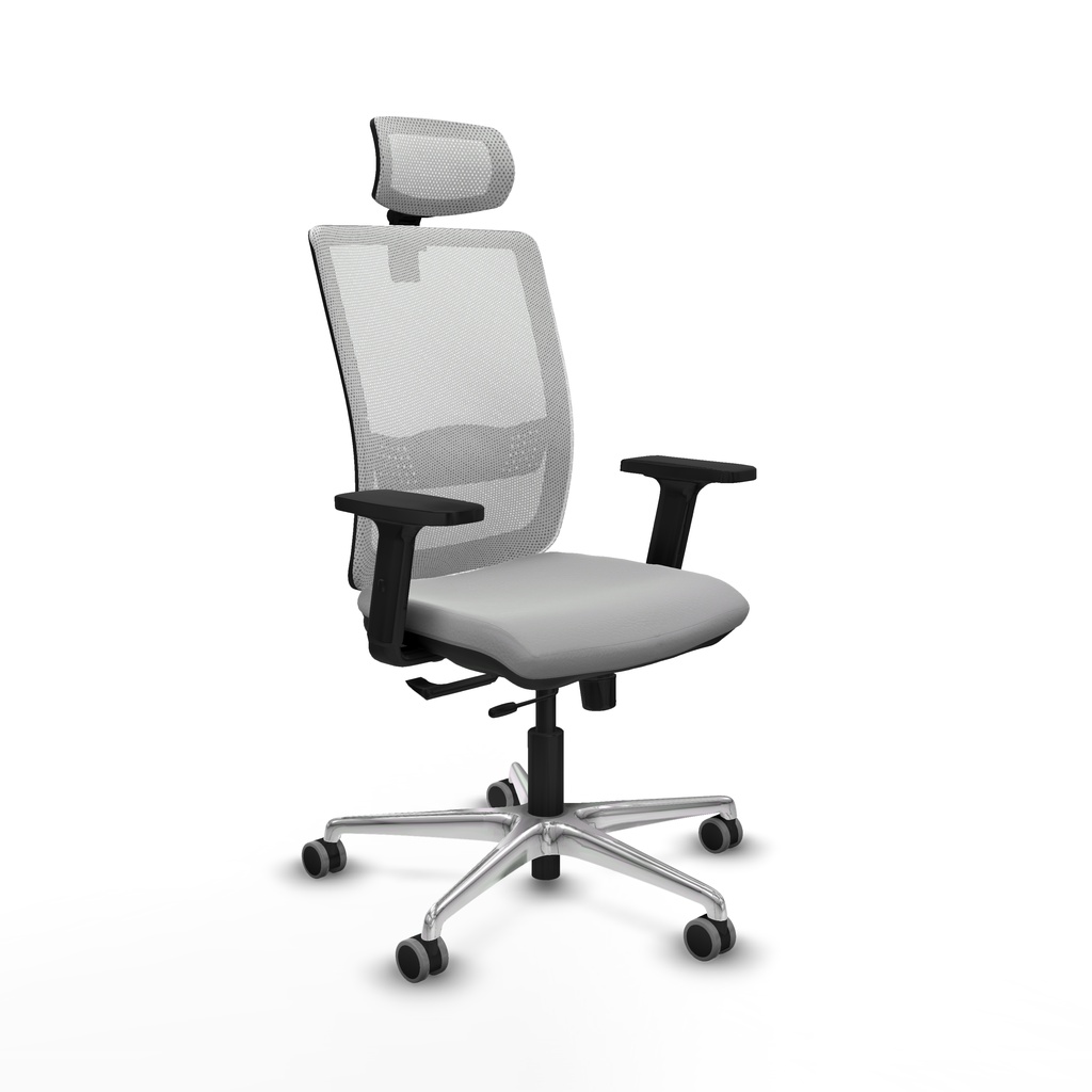 Haches traslack malla blanca similpiel gris claro brazos 2D base aluminio cabecero malla 2D ruedas 65mm engomadas