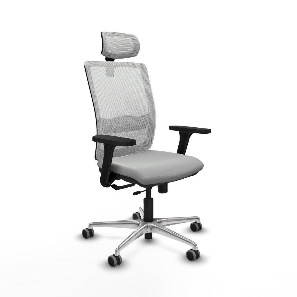 Haches traslack malla blanca similpiel gris claro brazos 3D base aluminio cabecero malla 2D ruedas 65mm engomadas