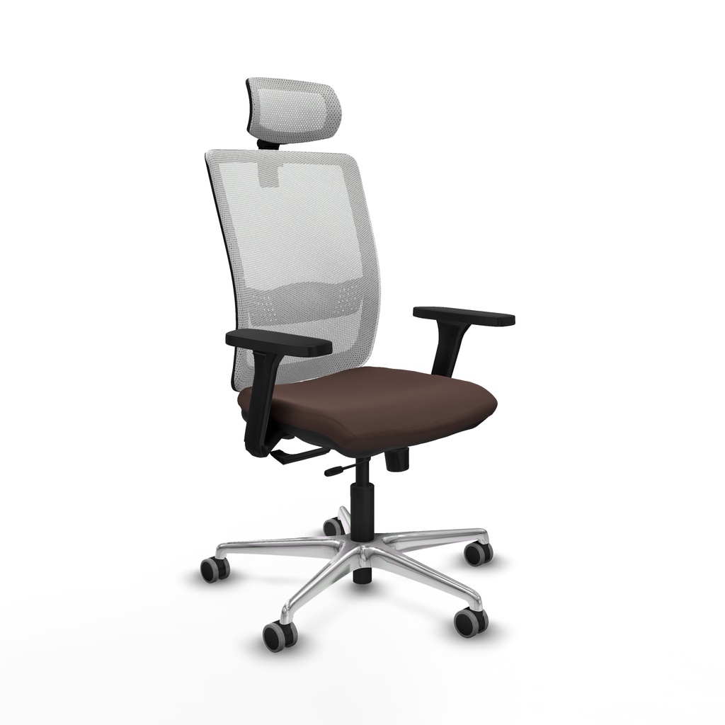 Haches traslack malla blanca similpiel marrón oscuro brazos 3D base aluminio cabecero malla 2D ruedas 65mm engomadas
