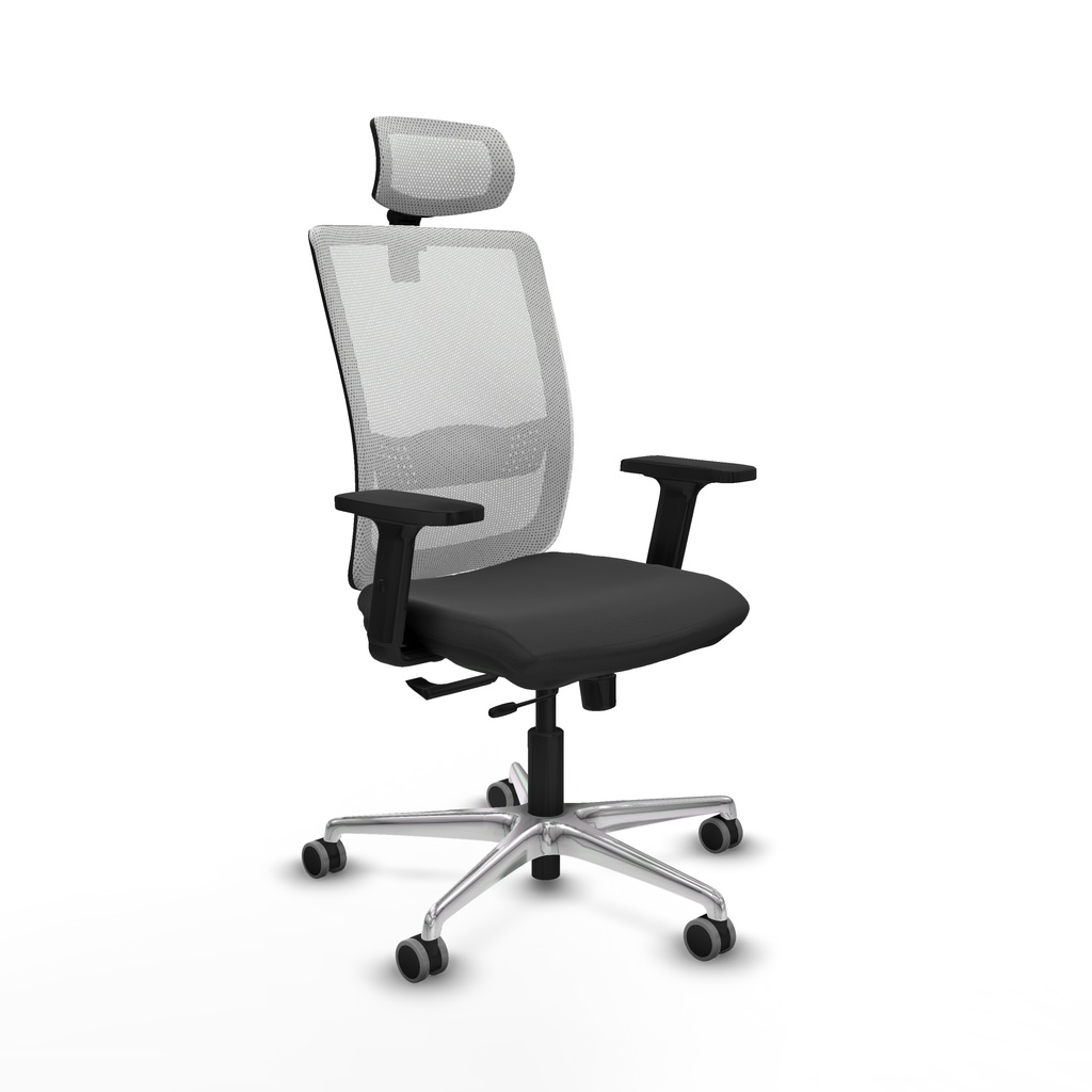 Haches traslack malla blanca similpiel gris oscuro brazos 2D base aluminio cabecero malla 2D ruedas 65mm engomadas