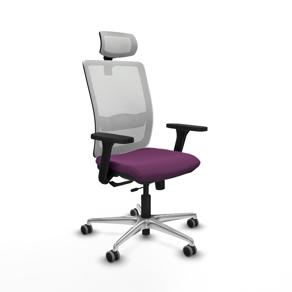 Haches traslack malla blanca similpiel morado brazos 3D base aluminio cabecero malla 2D ruedas 65mm engomadas