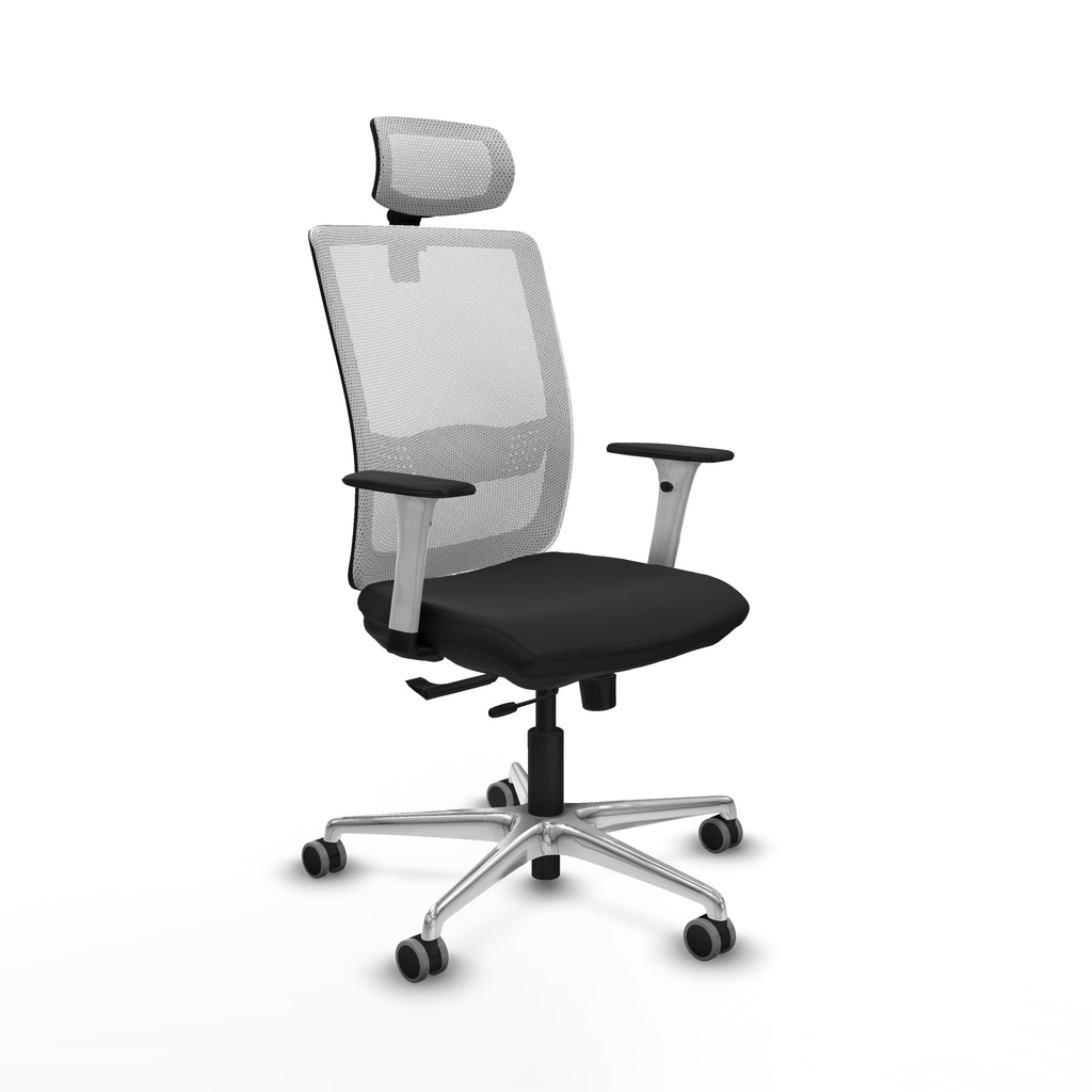 Haches traslack malla blanca similpiel negro brazos blancos base aluminio cabecero malla 2D ruedas 65mm engomadas