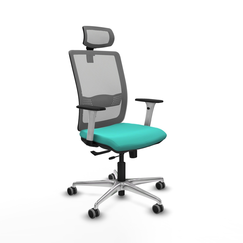 Haches traslack malla gris similpiel turquesa brazos blancos base aluminio cabecero malla 2D ruedas 65mm engomadas