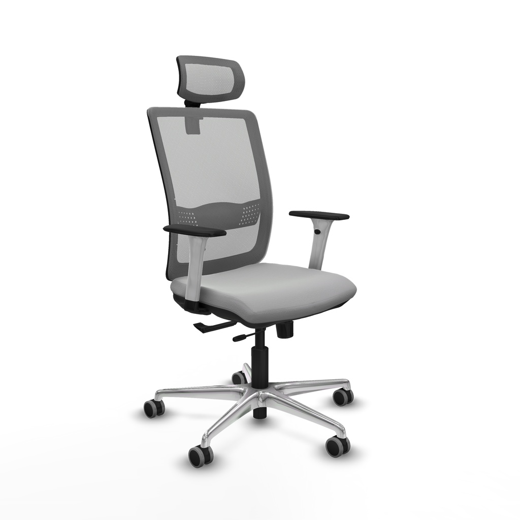 Haches traslack malla gris similpiel gris claro brazos blancos base aluminio cabecero malla 2D ruedas 65mm engomadas