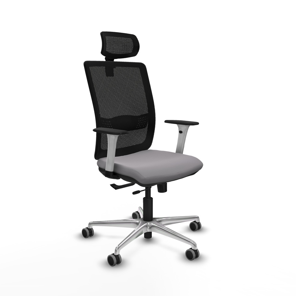 Haches traslack malla negra similpiel gris brazos blancos base aluminio cabecero malla 2D ruedas 65mm engomadas