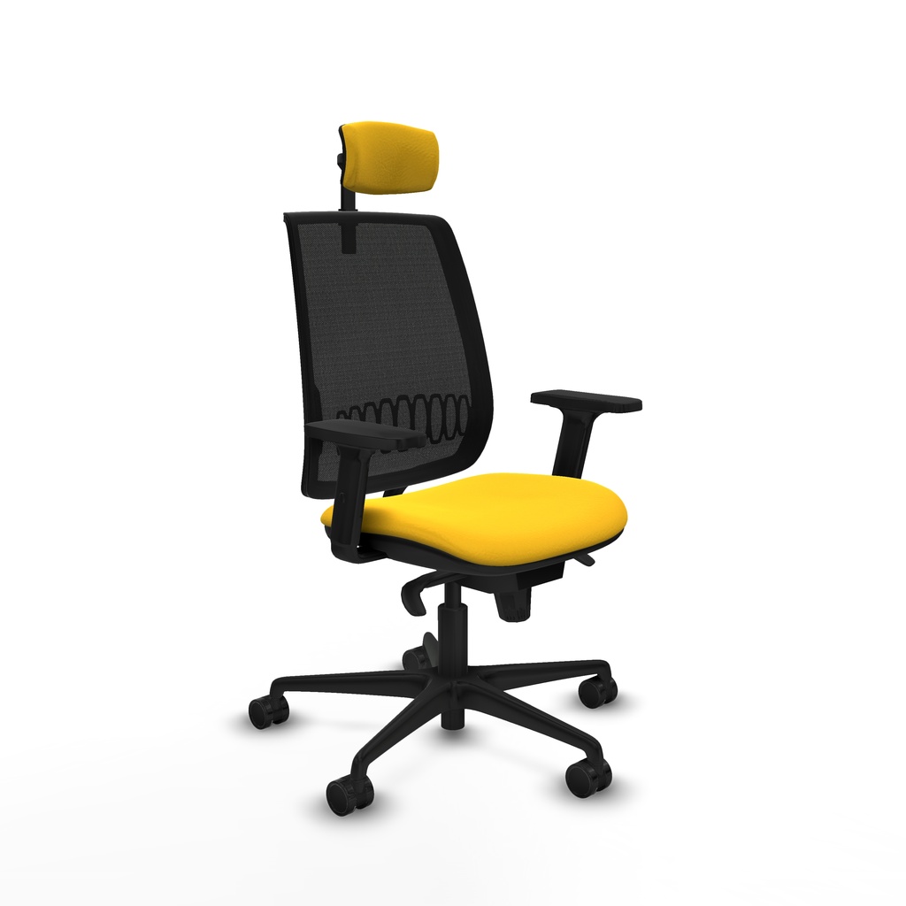Alares sincro malla negra similpiel amarillo brazos 2D base nailon cabecero 2D ruedas 65 mm nailon