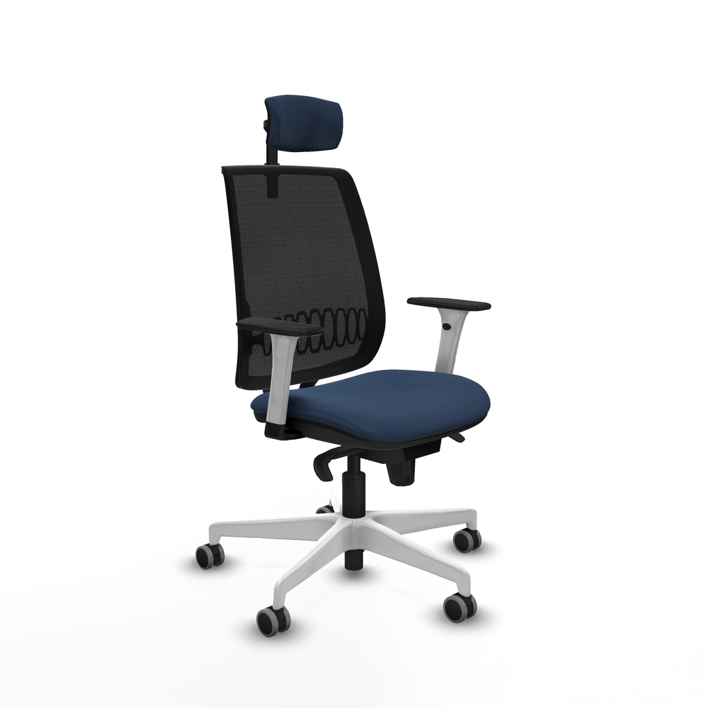 Alares sincro malla negra similpiel azul marino brazos blancos base blanca cabecero 2D ruedas 65mm engomadas