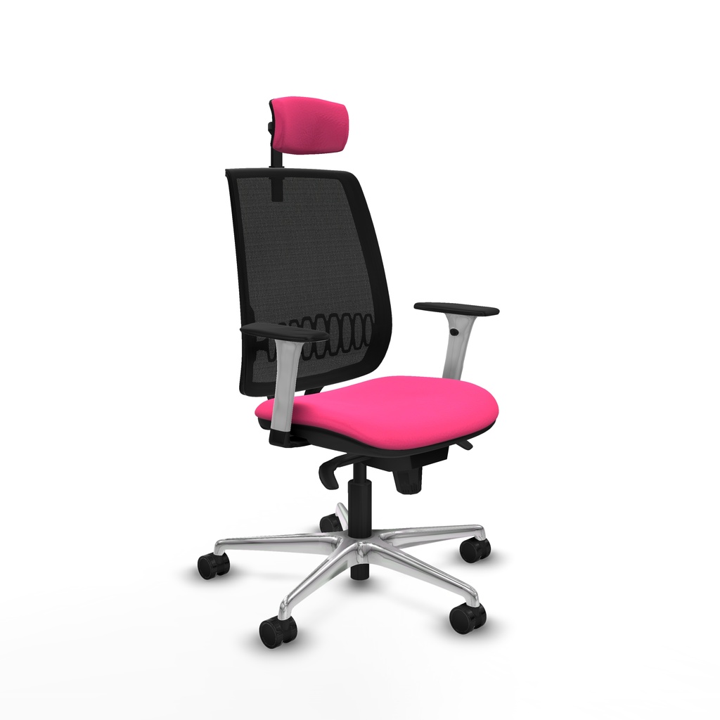 Alares sincro malla negra similpiel rosa brazos blancos base aluminio cabecero 2D ruedas 65 mm nailon