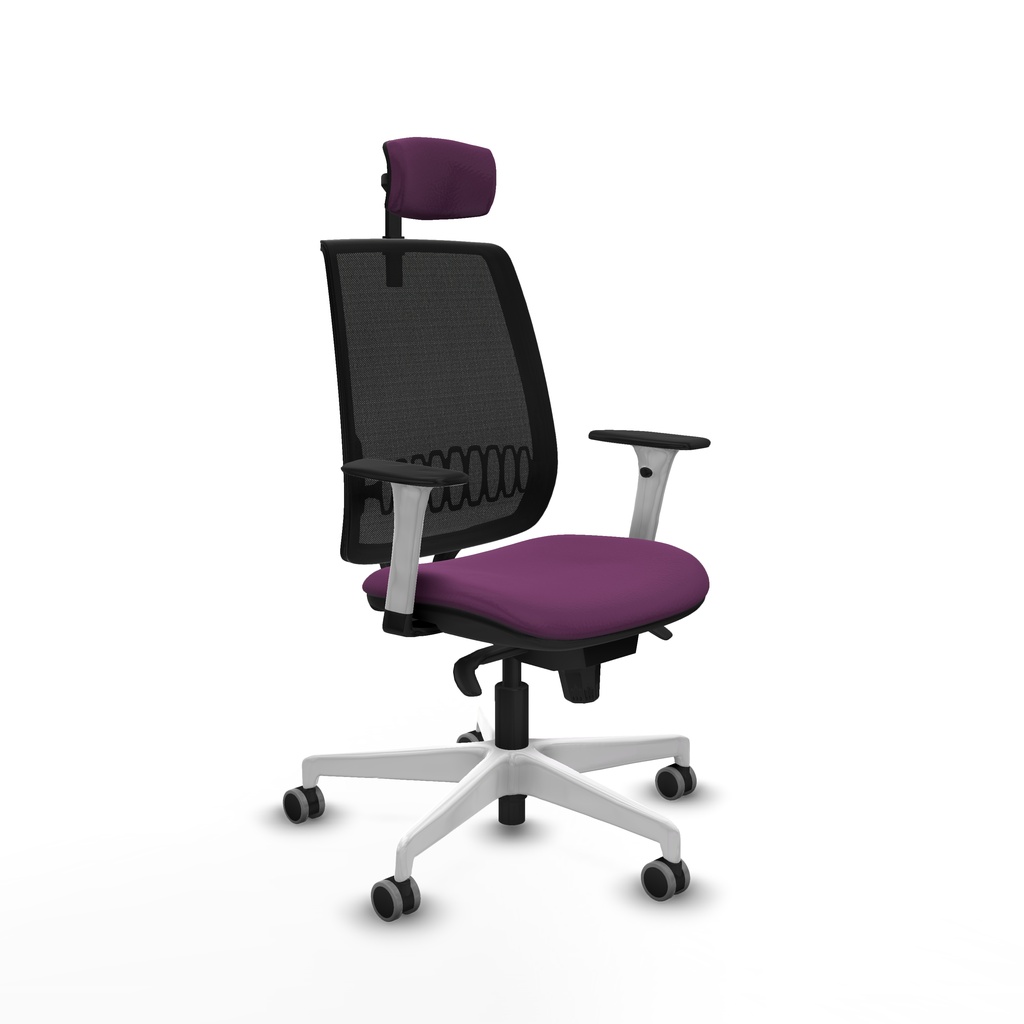 Alares sincro malla negra similpiel morado brazos blancos base blanca cabecero 2D ruedas 65mm engomadas