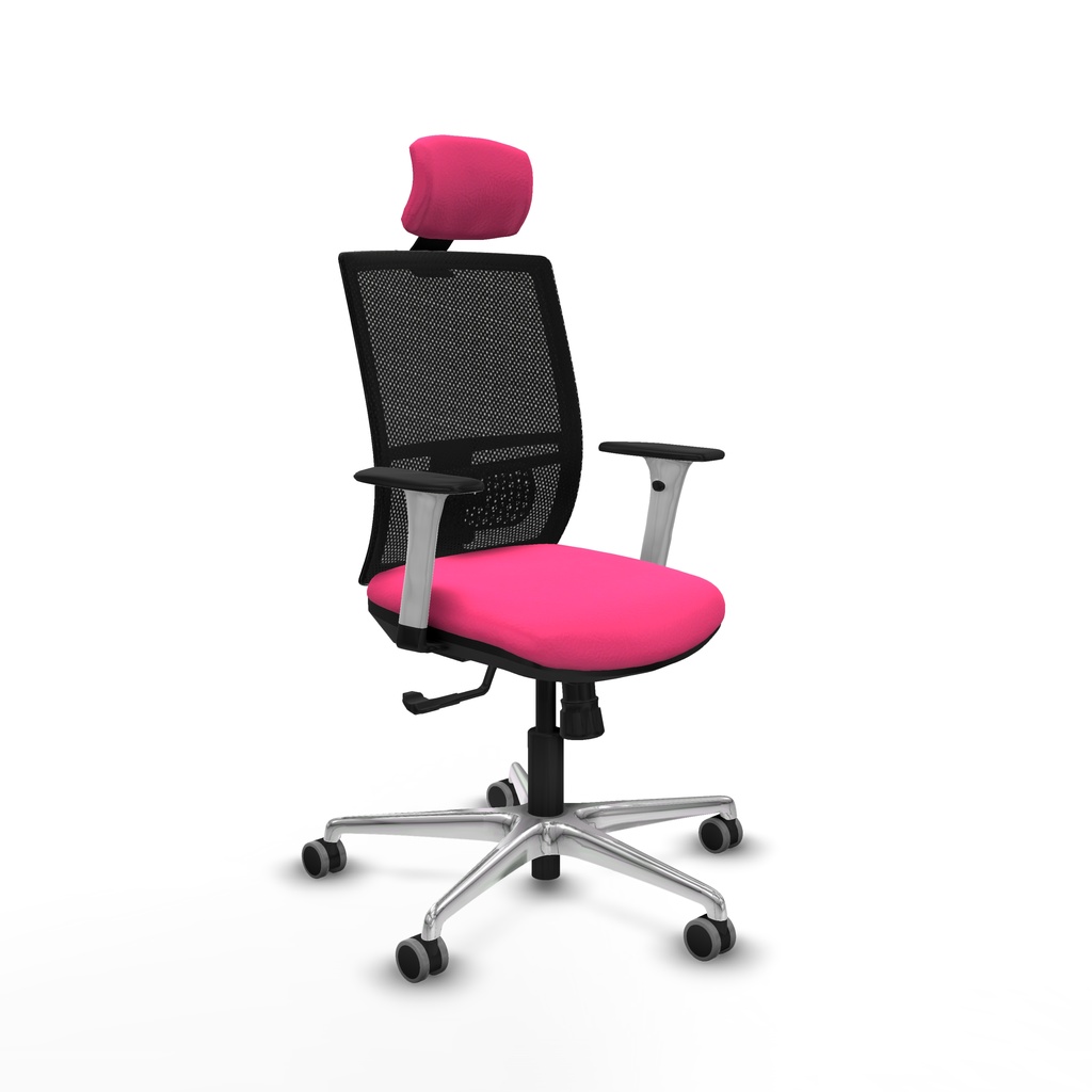 Yunquera sincro malla negra similpiel rosa brazos blancos base aluminio cabecero 1D ruedas 65mm engomadas