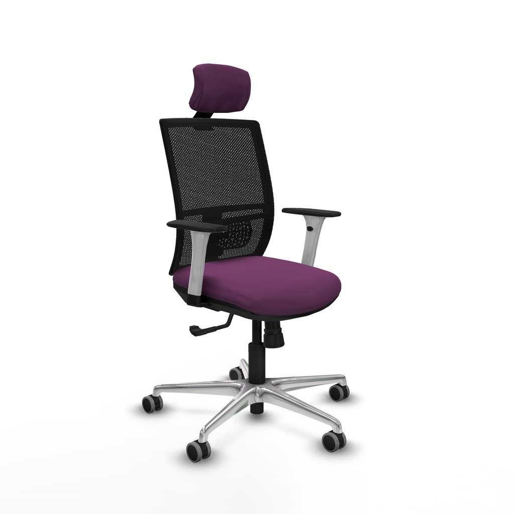 Yunquera sincro malla negra similpiel morado brazos blancos base aluminio cabecero 1D ruedas 65mm engomadas