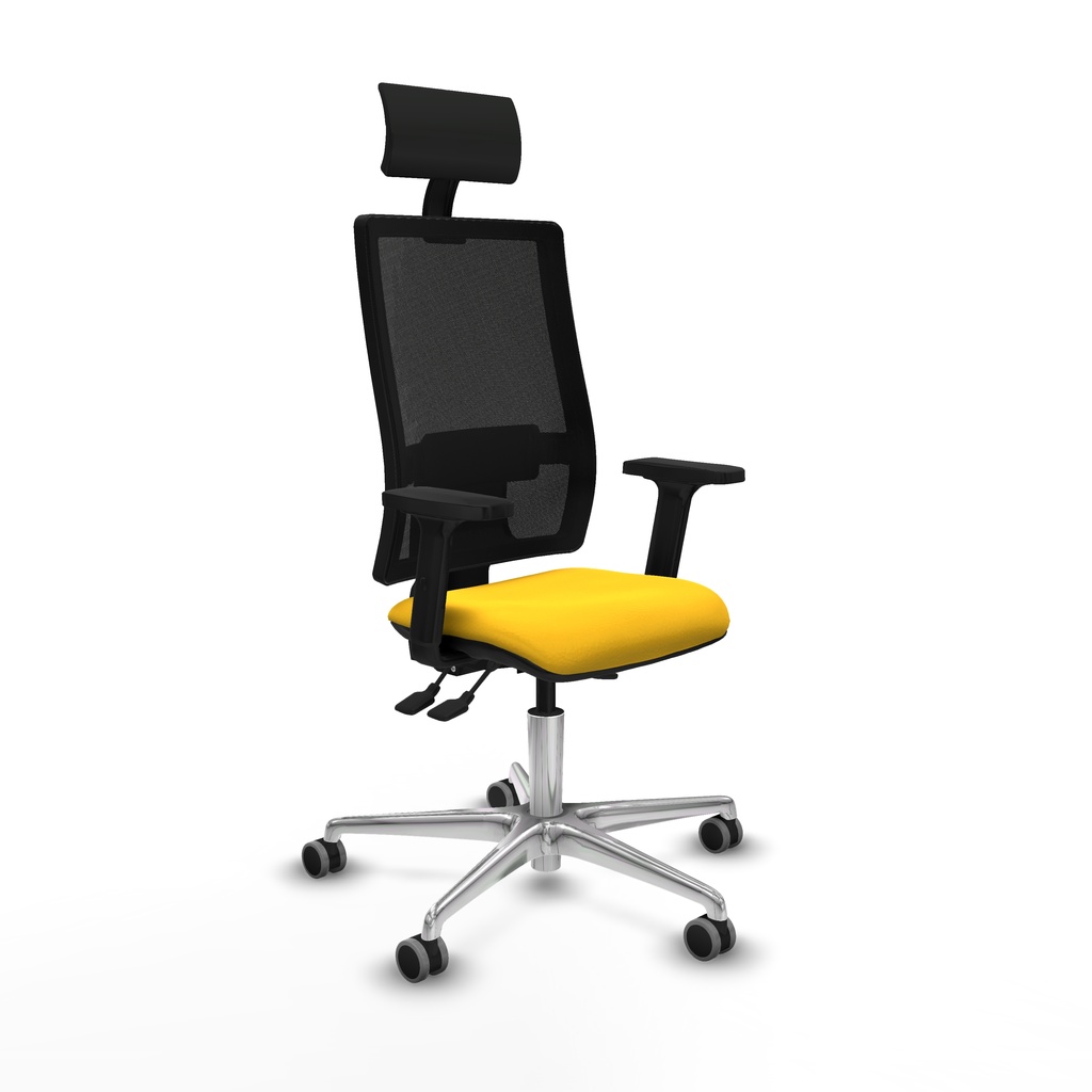 Bormate asincro malla negra similpiel amarillo brazos 2D base aluminio cabecero fijo ruedas 65mm engomadas