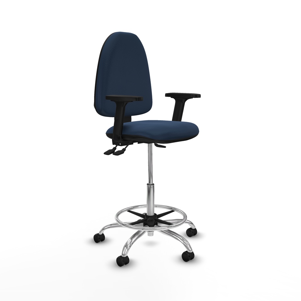 Taburete Aýna AS similpiel azul marino brazos 2D base cromada ruedas autofrenantes 50mm