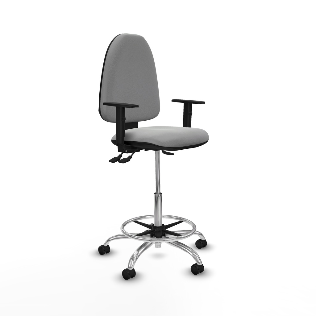 Taburete Aýna AS similpiel gris claro brazos 1D base cromada ruedas engomadas 50mm