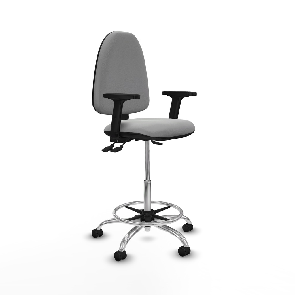 Taburete Aýna AS similpiel gris claro brazos 2D base cromada ruedas engomadas 50mm