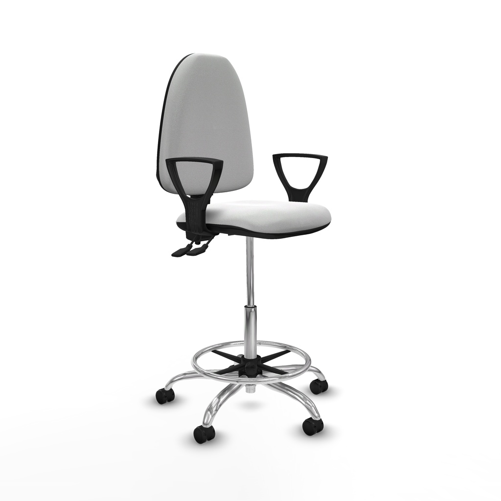 Taburete Aýna CPDM bali blanco brazos fijos base cromada ruedas engomadas 50mm