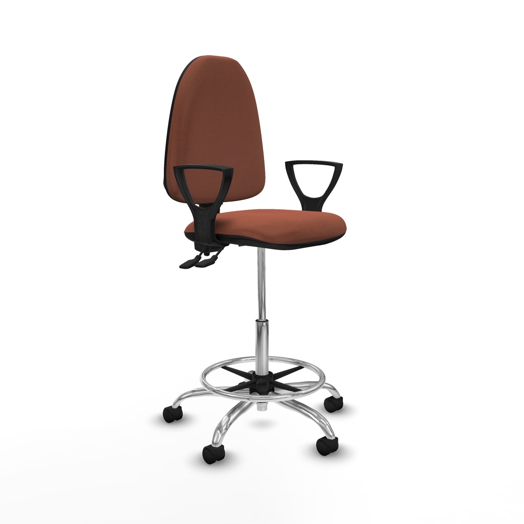 Taburete Aýna CPDM bali marrón brazos fijos base cromada ruedas nailon 50mm