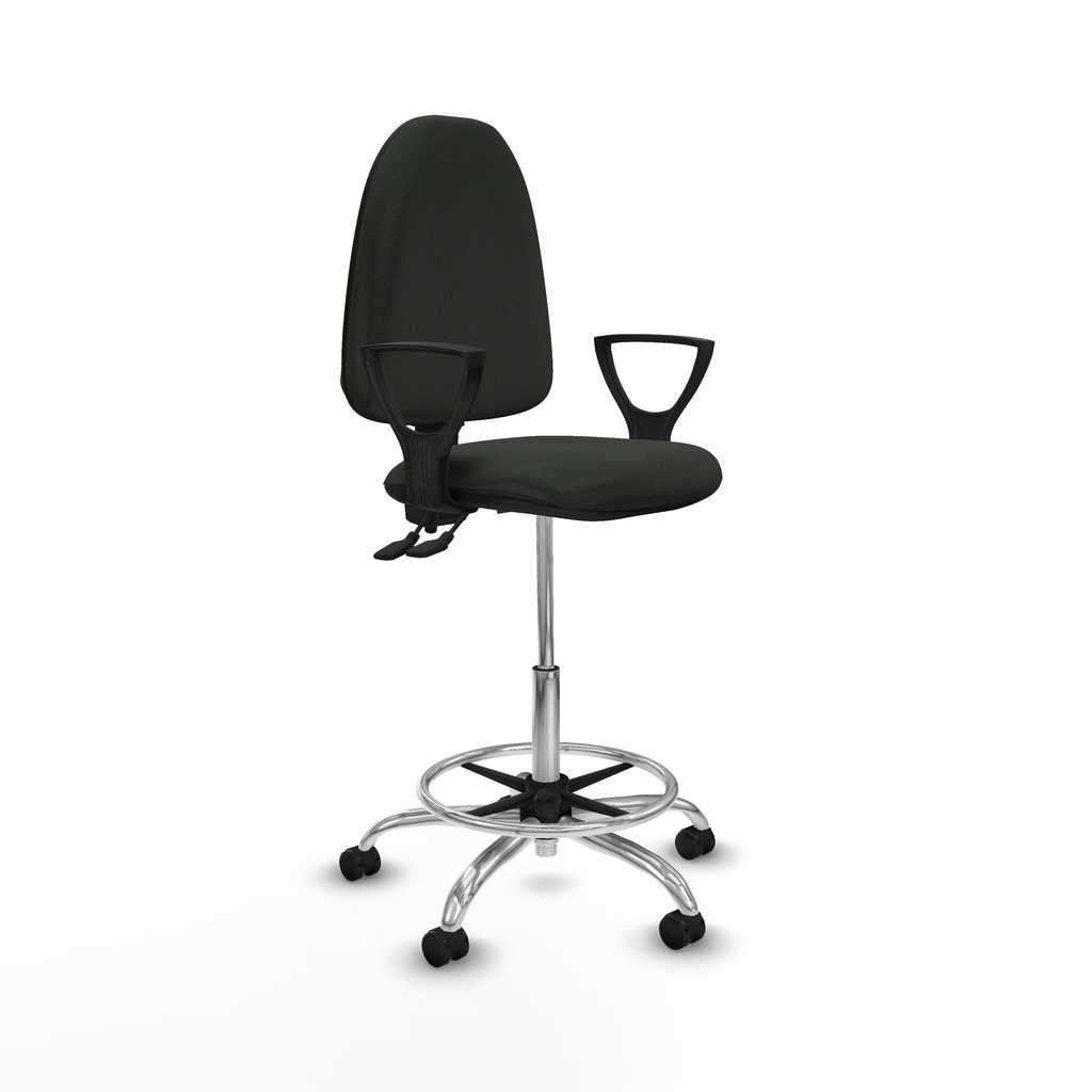 Taburete Aýna CPDM bali negro brazos fijos base cromada ruedas engomadas 50mm