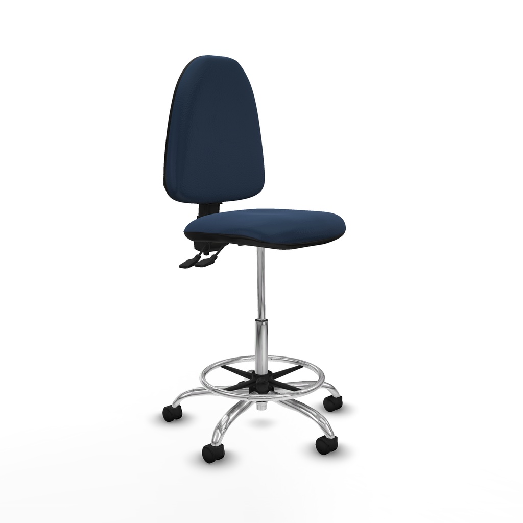 Taburete Aýna CPDM similpiel azul marino base cromada ruedas nailon 50mm