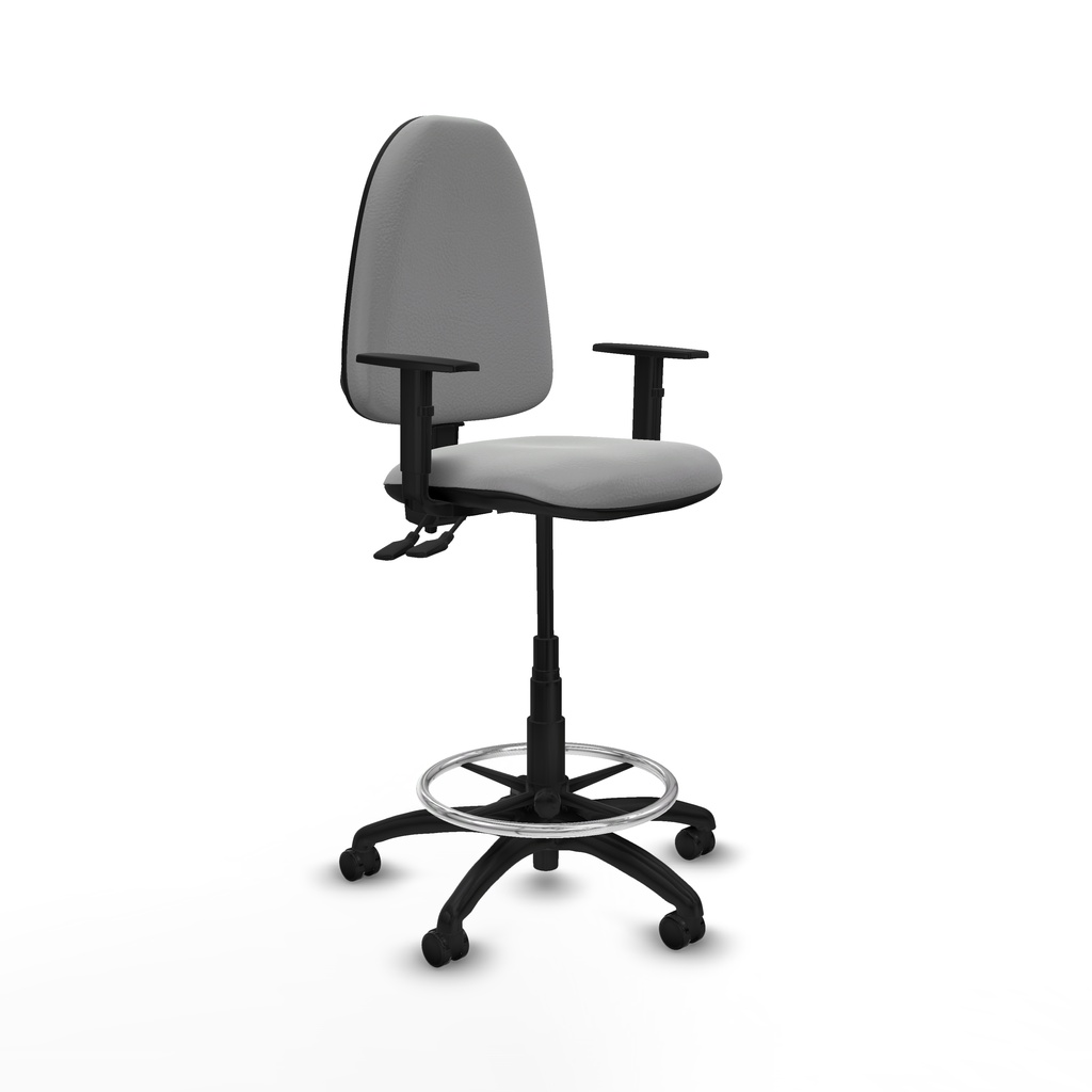 Taburete Aýna CPDM similpiel gris claro brazos 1D base poliamida ruedas autofrenantes 50mm