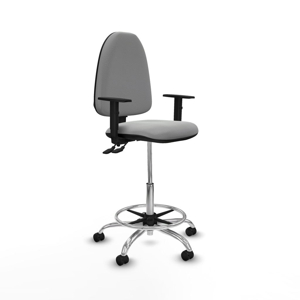 Taburete Aýna CPDM similpiel gris claro brazos 1D base cromada ruedas autofrenantes 50mm